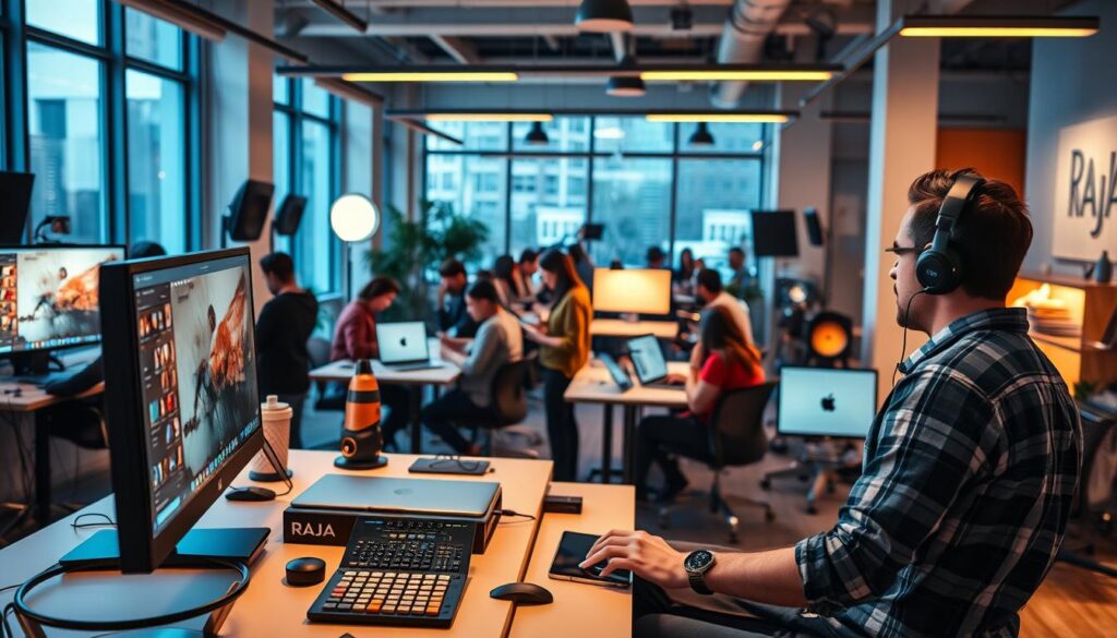 A bustling digital studio, illuminated by the glow of screens and the focused energy of content creators. In the foreground, a RAJA-branded workstation with sleek peripherals and a high-resolution monitor, where a skilled artist manipulates digital brushstrokes. The middle ground teems with activity, as writers, videographers, and designers collaborate, their fingers dancing across keyboards and tablets. In the background, a minimalist office space with floor-to-ceiling windows, allowing natural light to flood the scene and inspire the team. An atmosphere of creativity, innovation, and the thrill of the digital gold rush permeates the air.