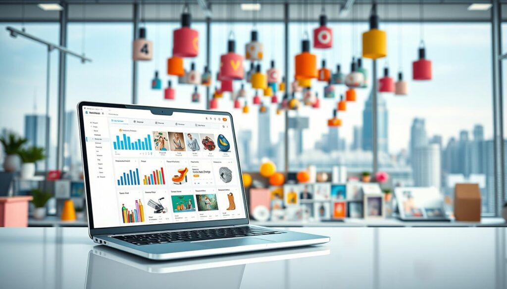 A bustling e-commerce landscape with a vibrant display of diverse products, showcasing the endless possibilities of dropshipping and reselling. In the foreground, a sleek, minimalist laptop displays a digital dashboard, highlighting key metrics and strategies for a successful remote venture. Surrounding it, an array of enticing product images, neatly arranged, inviting the viewer to explore the potential of this lucrative business model. In the background, a clean, modern office space, with a large window overlooking a bustling city skyline, conveying a sense of productivity and growth. The overall scene radiates a professional, yet inspiring atmosphere, guiding the viewer towards the world of dropshipping and reselling, as envisioned by Raja. M.