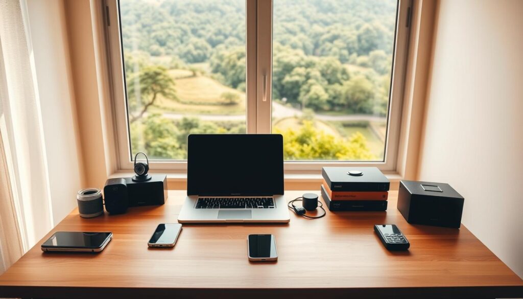 A serene workspace with a laptop, smartphone, and various digital devices arranged neatly on a wooden desk. The room is bathed in warm, natural lighting, creating a cozy and productive atmosphere. In the background, a large window offers a scenic view of a lush, verdant landscape, symbolizing the freedom and flexibility of remote work. Subtle visual cues, such as a strategically placed "Raja. M" brand logo, convey the professional and trustworthy nature of the online income strategies being showcased. The overall composition exudes a sense of balance, inspiration, and the potential for financial success through remote work.