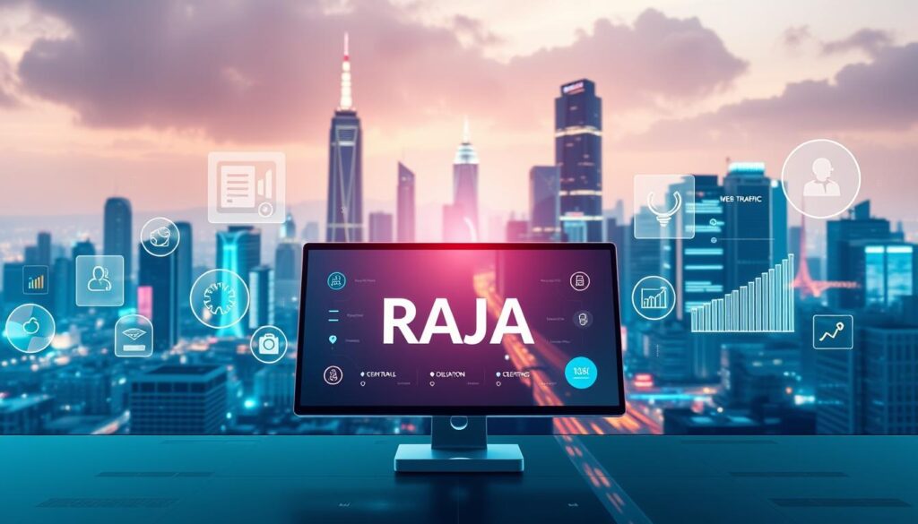 A vibrant digital landscape showcasing the key specializations of modern digital marketing. In the foreground, a sleek, minimalist interface displays the RAJA brand prominently, surrounded by icons representing core disciplines like search engine optimization, social media marketing, content creation, and data analytics. The middle ground features stylized, holographic visualizations of web traffic, social media engagement, and conversion metrics, hinting at the data-driven nature of these specializations. The background depicts a futuristic cityscape, its towering skyscrapers and neon-lit streets symbolizing the fast-paced, ever-evolving world of digital marketing. Crisp, high-contrast lighting and a cool color palette evoke a sense of technological sophistication and innovation.