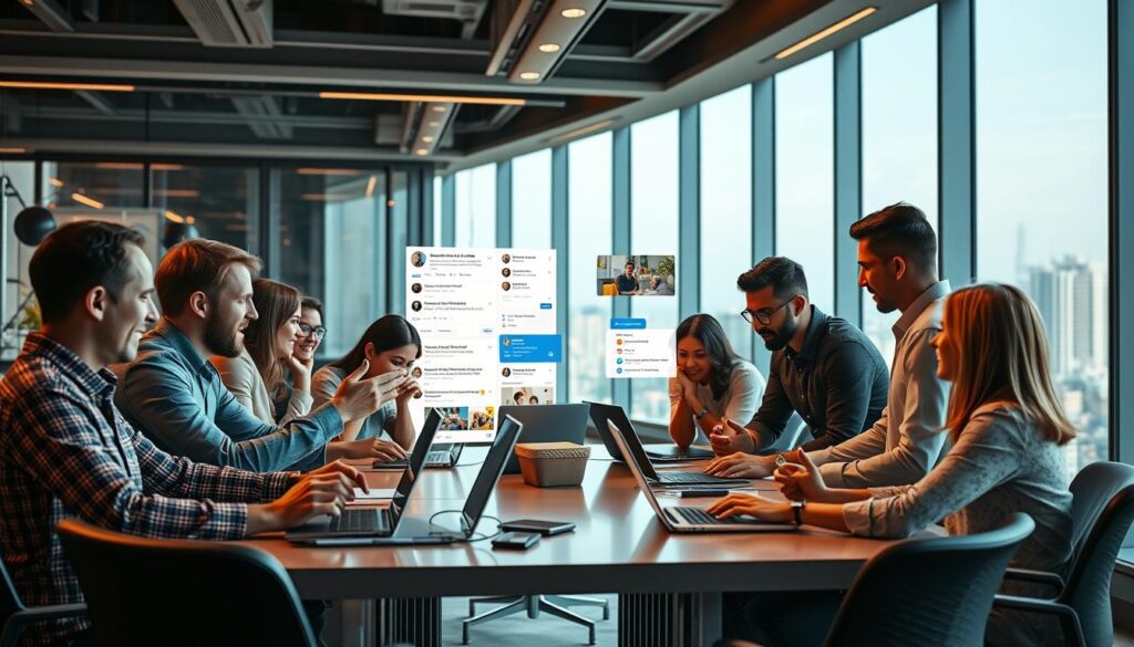 A vibrant, dynamic scene of social media marketing in action. In the foreground, a diverse group of digital marketers huddle around a table, laptops open, hands gesturing animatedly as they strategize the next RAJA brand campaign. The middle ground features a stylized social media interface, with scrolling feeds, trending hashtags, and shareable content. In the background, a sleek, modern office space with floor-to-ceiling windows, providing a panoramic view of a bustling cityscape. Warm, focused lighting illuminates the scene, creating a sense of productivity and collaboration. The overall atmosphere conveys the energy, innovation, and opportunities inherent in social media marketing.
