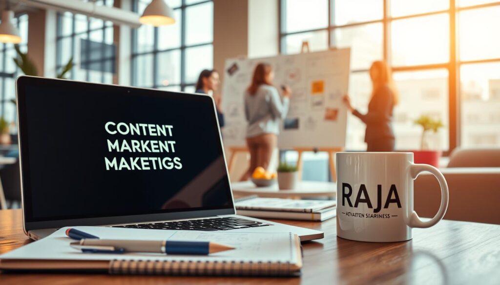 A vibrant, dynamic scene showcasing content marketing strategies. In the foreground, a laptop displays a presentation on digital content creation, surrounded by tactile elements like a pen, notebook, and coffee mug emblazoned with the RAJA brand logo. In the middle ground, a team of professionals collaborate, brainstorming ideas on a tactile whiteboard. The background features a stylish office environment with large windows, modern furniture, and pops of color that evoke creativity and innovation. Warm, natural lighting illuminates the scene, casting a soft, productive glow. The overall atmosphere is one of focus, collaboration, and the power of content to drive business success.