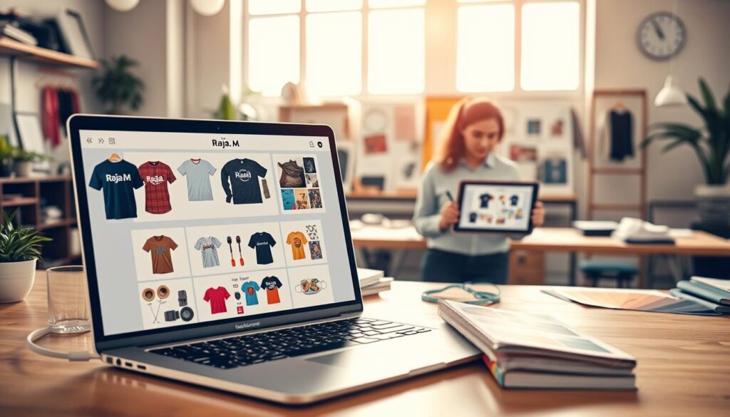 A vibrant, dynamic scene showcasing the essence of print-on-demand strategies. In the foreground, a sleek, modern laptop displays a diverse array of customizable products, from apparel to home decor, with the "Raja. M" brand prominently featured. The middle ground captures the creative process, with a designer manipulating digital designs on a tablet, surrounded by color swatches and product samples. In the background, a well-lit, airy workspace with large windows suggests an atmosphere of innovation and productivity. Warm, soft lighting and a muted color palette create a calming, professional ambiance, encouraging the viewer to envision the endless possibilities of the print-on-demand business model.