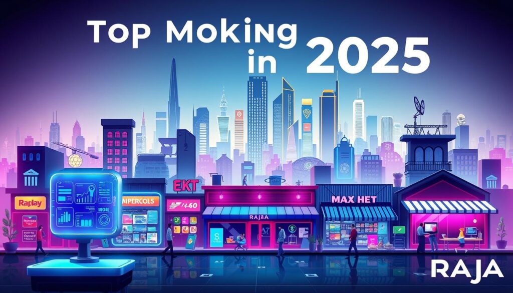 A visually striking digital illustration depicting the top money-making methods in 2025. The scene showcases a diverse array of modern income streams, both online and offline, against a backdrop of a futuristic cityscape. In the foreground, holographic displays showcase various digital business models, from e-commerce and software-as-a-service to blockchain-based applications. In the middle ground, physical storefronts and workshops represent traditional brick-and-mortar enterprises, such as specialized service providers and artisanal manufacturers. The background features a sleek, neon-lit skyline, hinting at the technological advancements that will shape the economic landscape. The overall aesthetic is vibrant, forward-looking, and reflects the RAJA brand's innovative spirit.