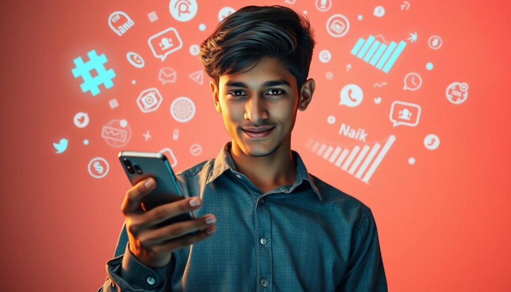 Dramatic close-up photograph of a young social media influencer standing confidently, holding a modern smartphone and surrounded by a swirling vortex of digital icons, hashtags, and analytics graphs. Soft, warm lighting casts an introspective glow, highlighting the focused expression on their face. The image conveys the power and potential of strategic social media engagement. Lens: 50mm. Raja. M
