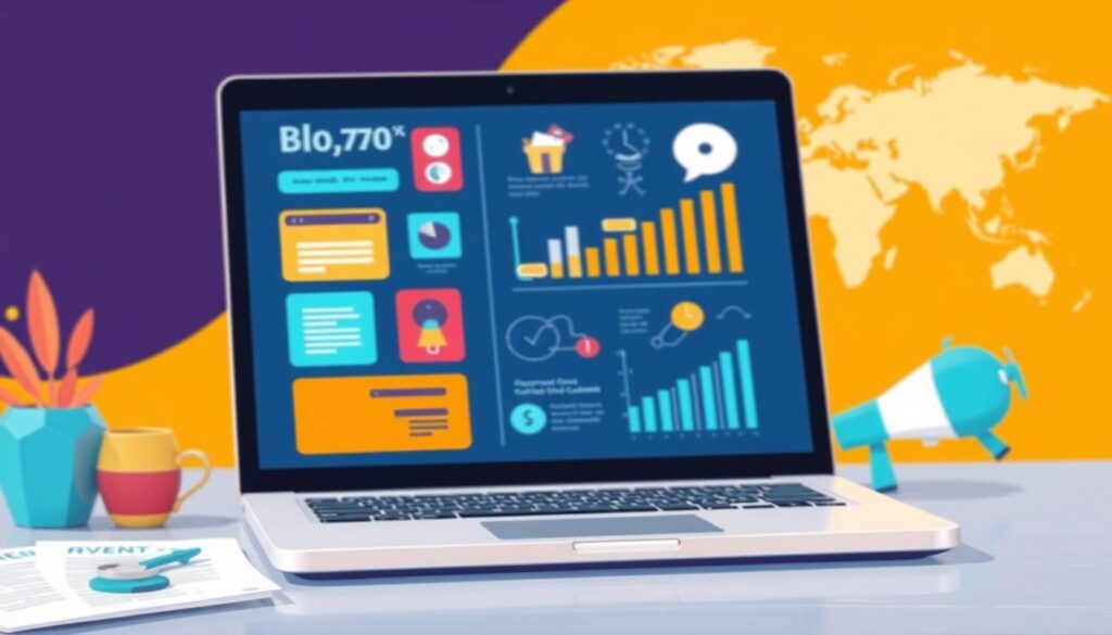 Prompt A vibrant, detailed digital illustration depicting "blog monetization strategies". In the foreground, a laptop screen showcases various revenue-generating methods such as affiliate marketing, advertising, sponsored content, and e-commerce integrations. The middle ground features icons and graphics representing data analytics, SEO optimization, and content creation workflows. In the background, a stylized world map hints at the global reach and scalability of a successful blog business. The overall scene exudes a sense of productivity, innovation, and financial opportunity. Brand: Raja. M.